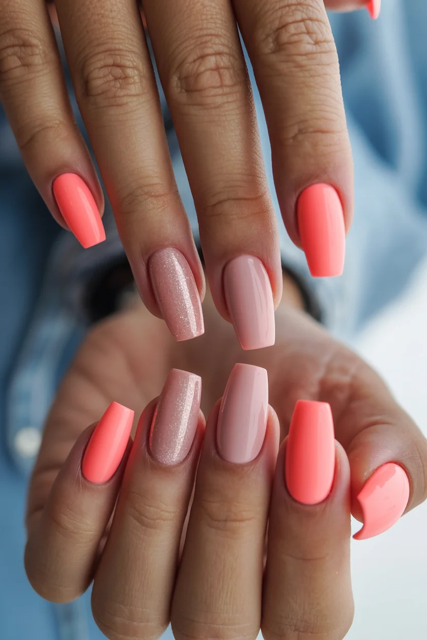 bright summer nails 2026 Coral and Blush Color Blocking With Soft Glam Appeal