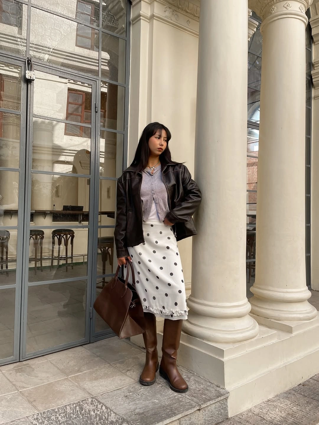 comfy fall outfits 2026 Polka Dot Skirts Styled With Rich Brown Layers