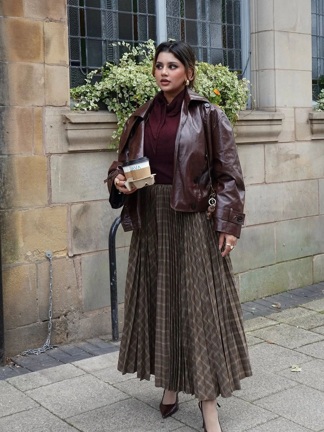cute fall outfits docs 2026 Chocolate Leather and Plaid Pleats for Elegant Autumn Days
