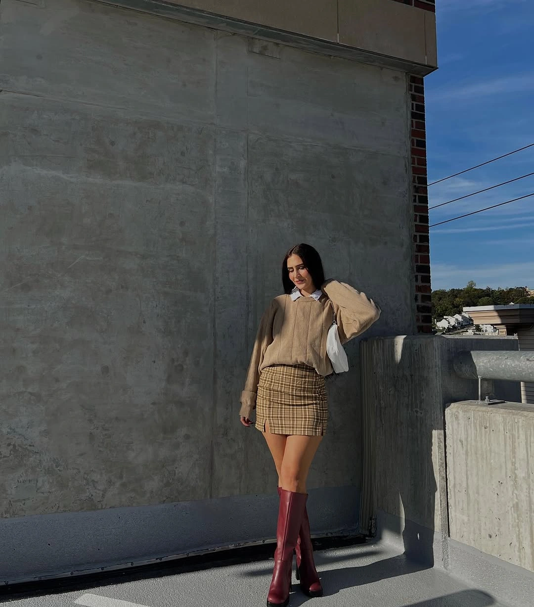 early fall outfits 2026 Plaid Mini Skirt and Burgundy Boots for a Romantic Autumn Mood