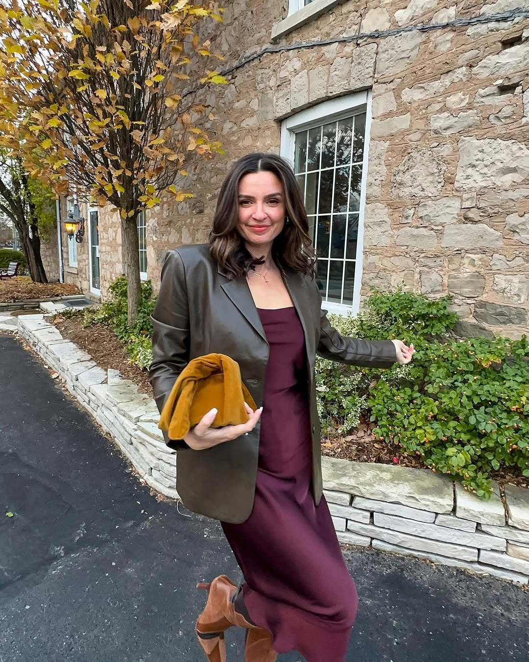 fall date night outfits 2026 Burgundy Slip Dress with an Olive Leather Blazer