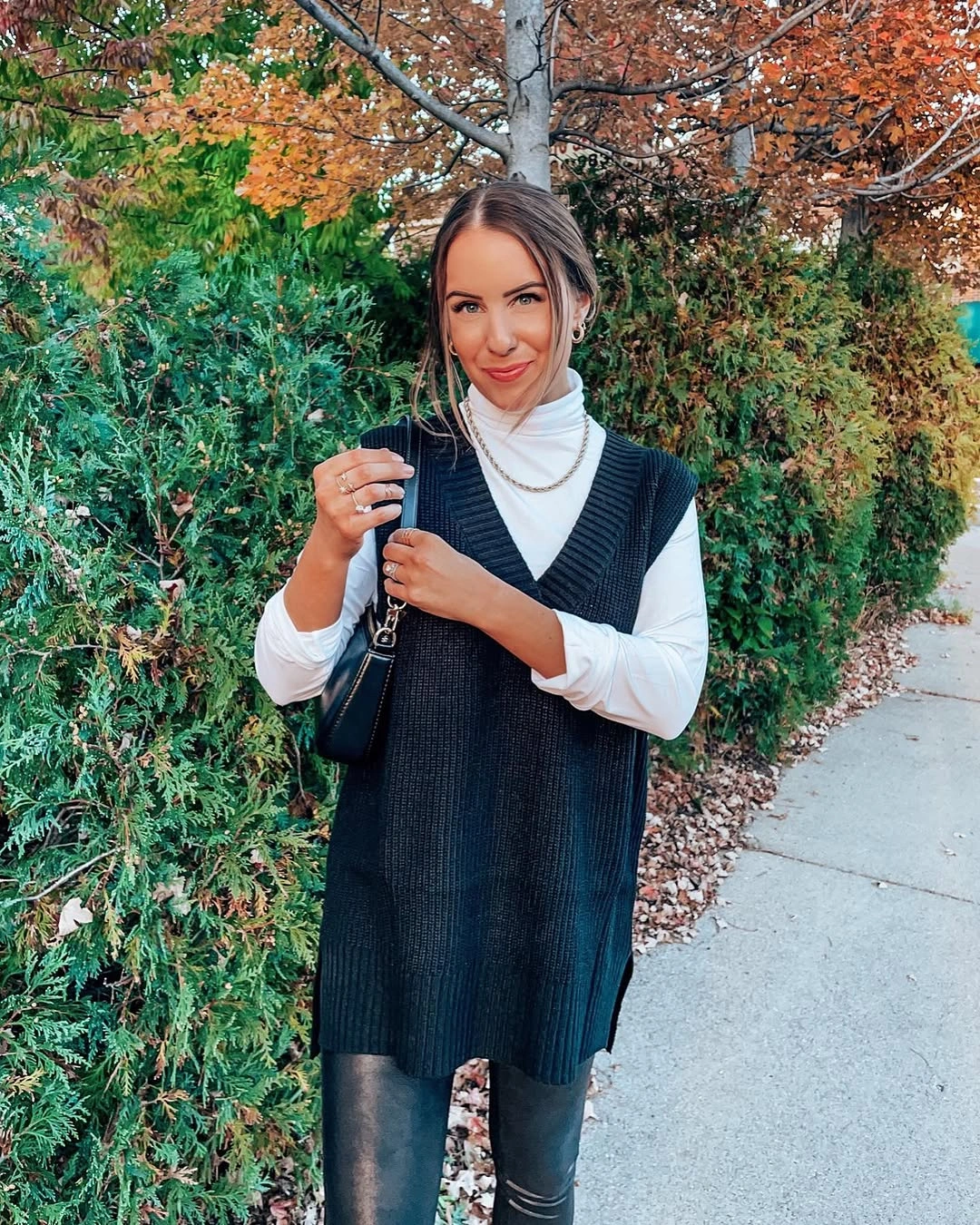 fall date night outfits 2026 Modern Knit Vest with Leather Leggings