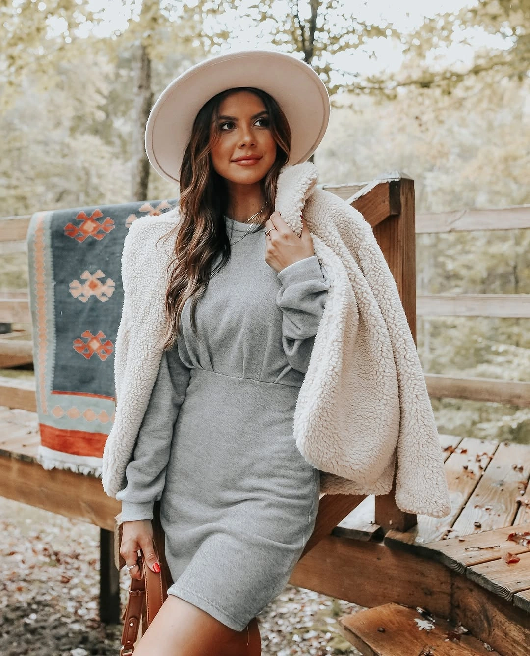 fall date night outfits 2026 Cozy Sweater Dress with a Sherpa Jacket