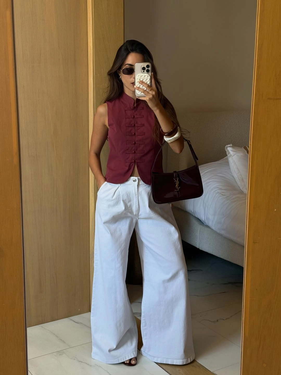 fall date night outfits 2026 Modern Burgundy Top with Wide-Leg White Trousers