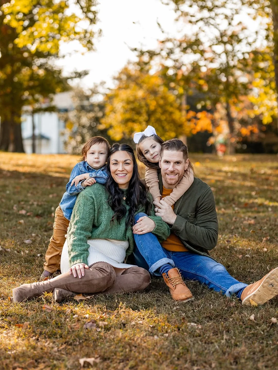 fall family picture outfits 2026 Soft Olive Knitwear with Denim for a Timeless Family Portrait