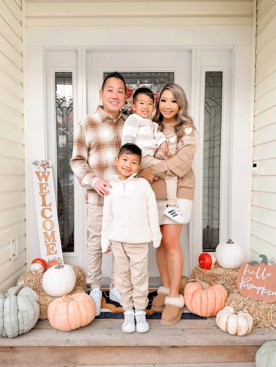 fall family picture outfits 2026 Cream Knitwear and Plaid for a Cozy Front Porch Welcome