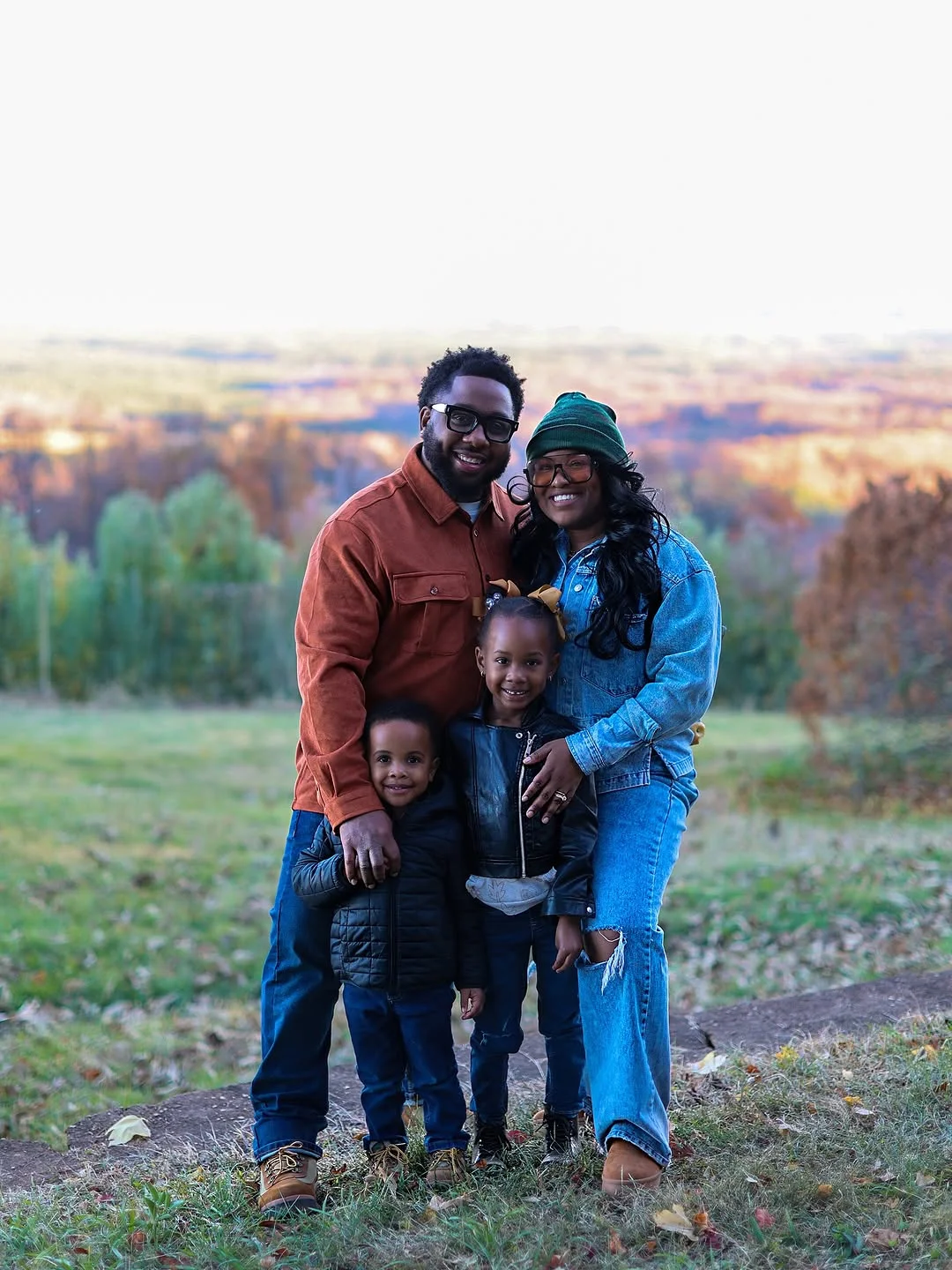 fall family picture outfits 2026 Rust Denim and Black Layers for Crisp Autumn Evenings