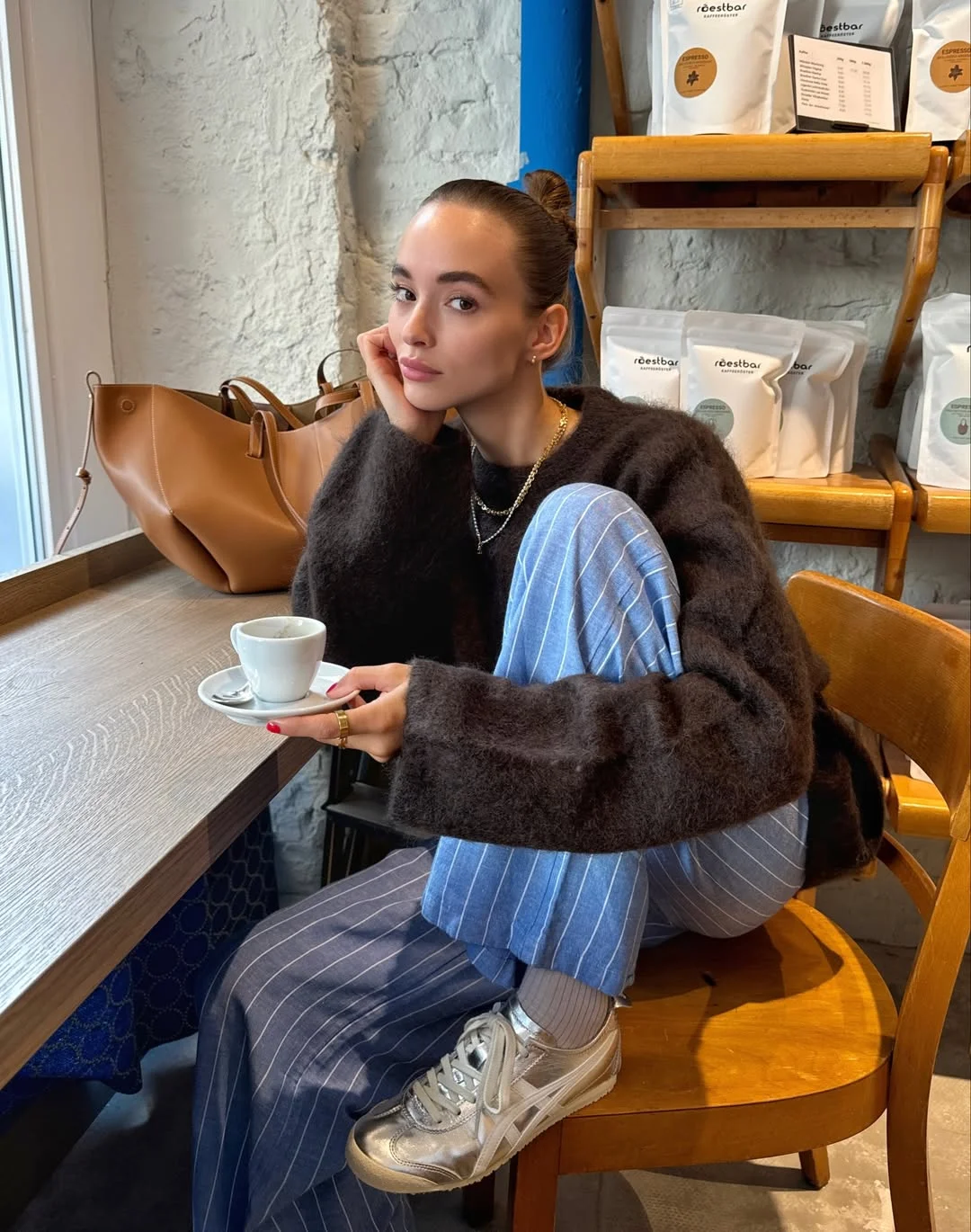 fall fashion for women over 40 Relaxed Coffee Shop Style With Tailored Pinstripes