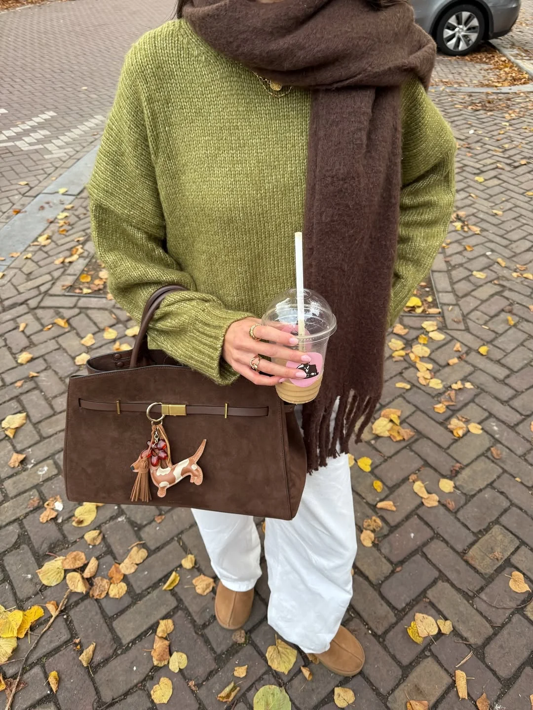 fall fashion for women over 40 Olive Knitwear and Chocolate Accessories Make a Perfect Autumn Pair