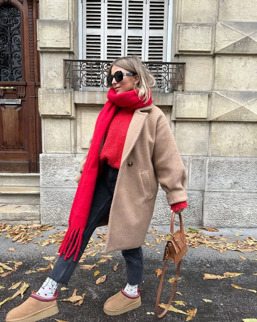 fall fashion for women over 40 Bold Scarves Turn Neutral Coats Into Statement Looks