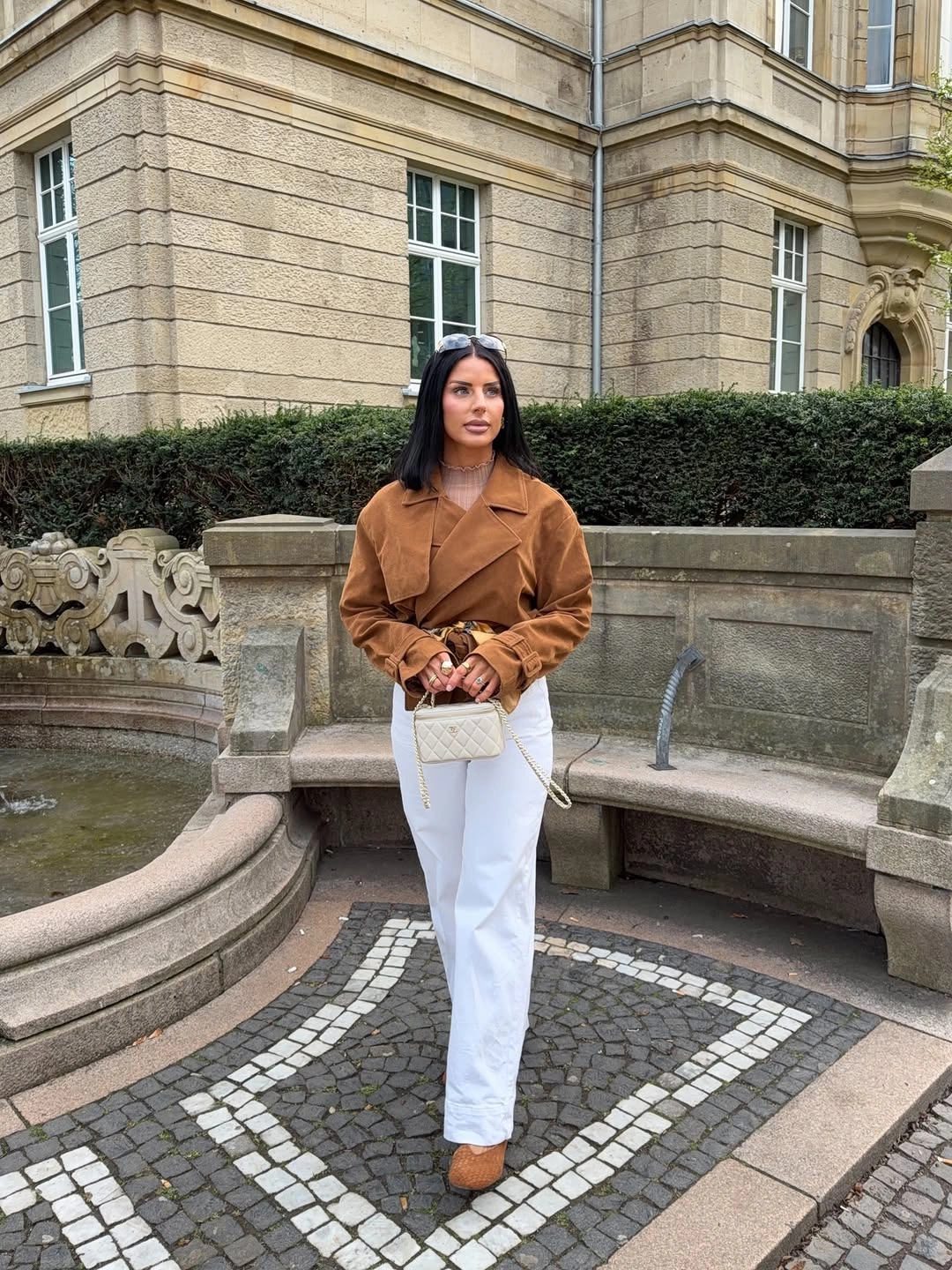 fall going out outfits 2026 Soft Caramel Layers with Crisp White Trousers