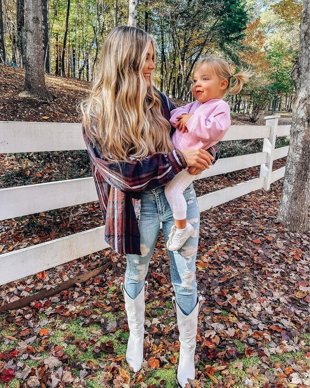 fall mom outfits 2026 Plaid Shirts and White Cowboy Boots Make Fall Feel Fun Again