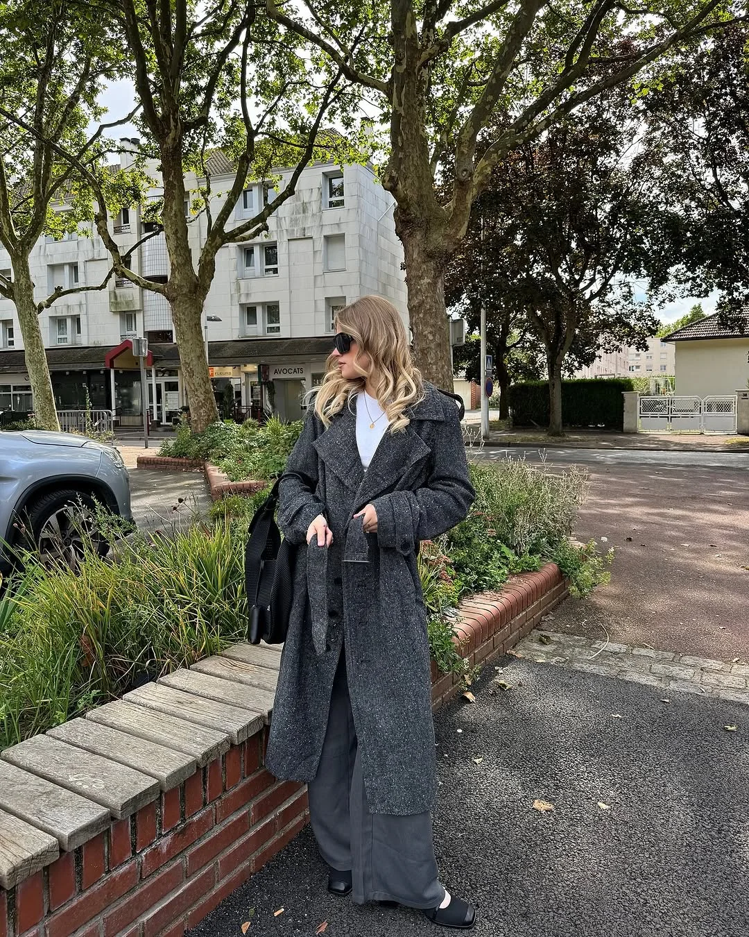 fall outfits with coat 2026 Charcoal Elegance With Flowing Wide-Leg Trousers