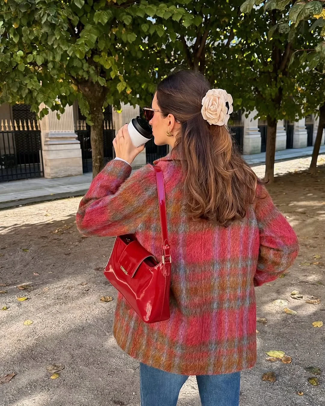 fall outfits with coat 2026 Warm Plaid Layers With A Pop Of Cherry Red