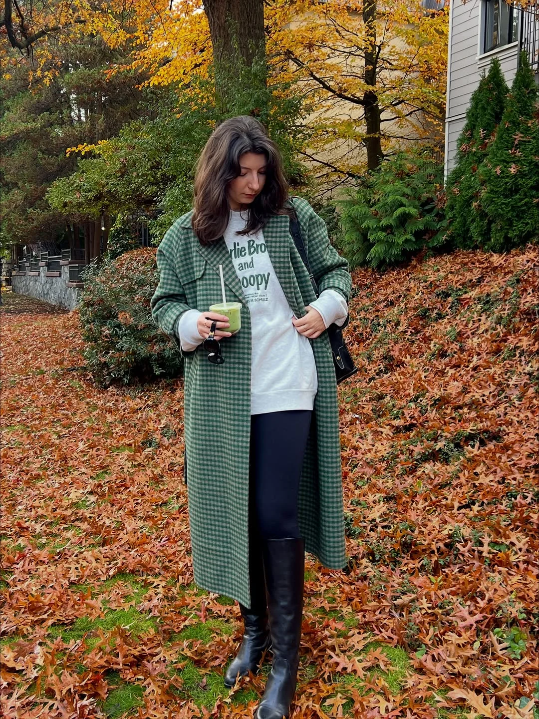 fall outfits with coat 2026 Green Checkered Layers For Relaxed Weekend Walks