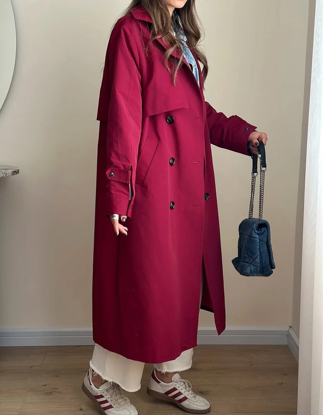 fall outfits with coat 2026 A Bold Burgundy Coat That Elevates Everyday Basics
