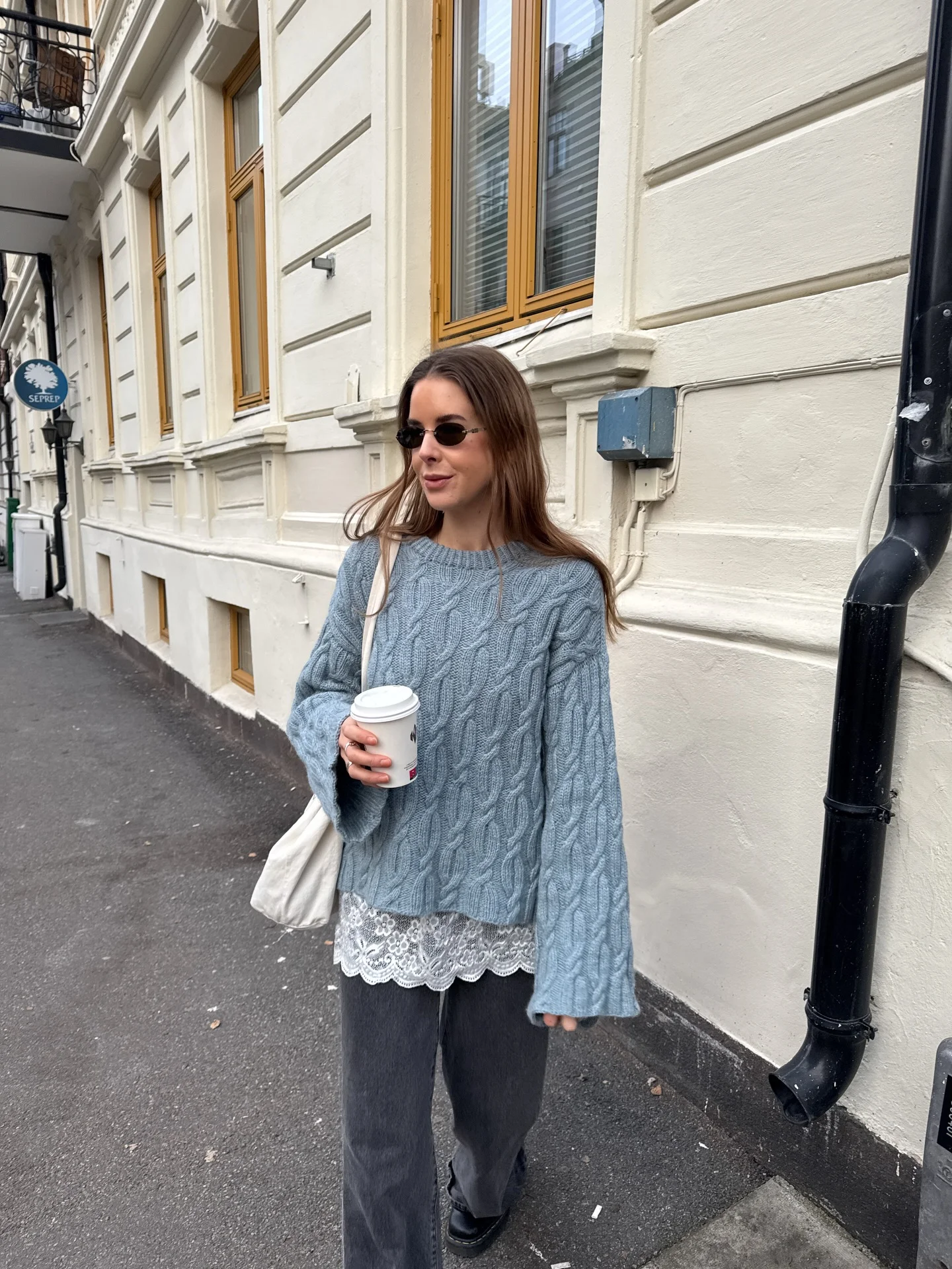 fall outfits with sweater 2026 Soft Blue Cable Knit With Delicate Lace Layers