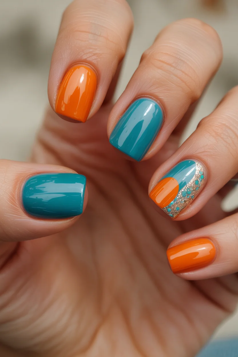 funky summer nails 2026 Teal and Orange Color Blocking With Sparkling Details