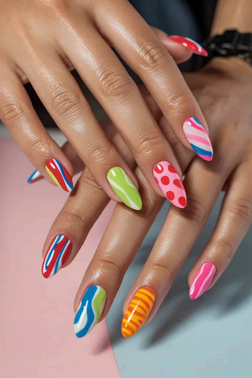 funky summer nails 2026 Mixed Pattern Nails for the Ultimate Color-Lover Summer