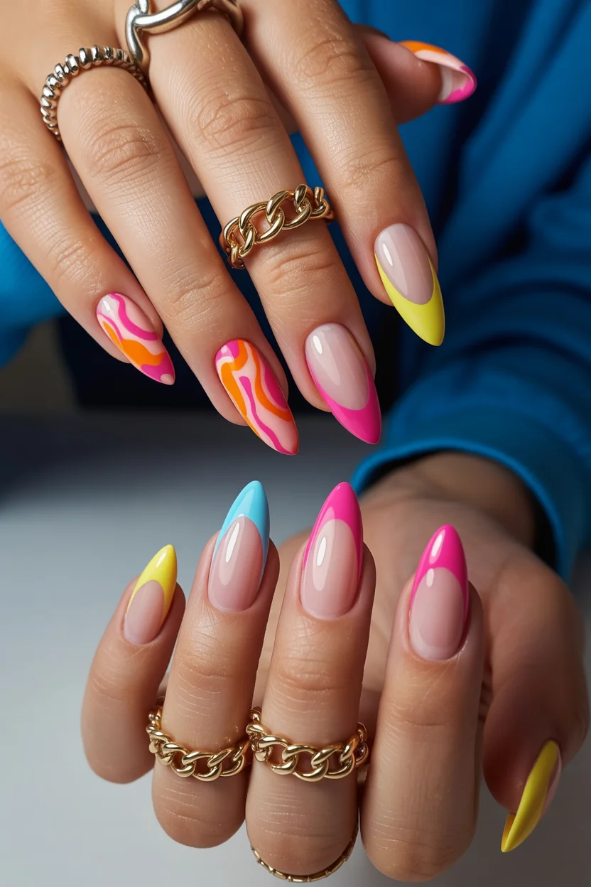 funky summer nails 2026 Neon French Tips Meet Retro Swirls