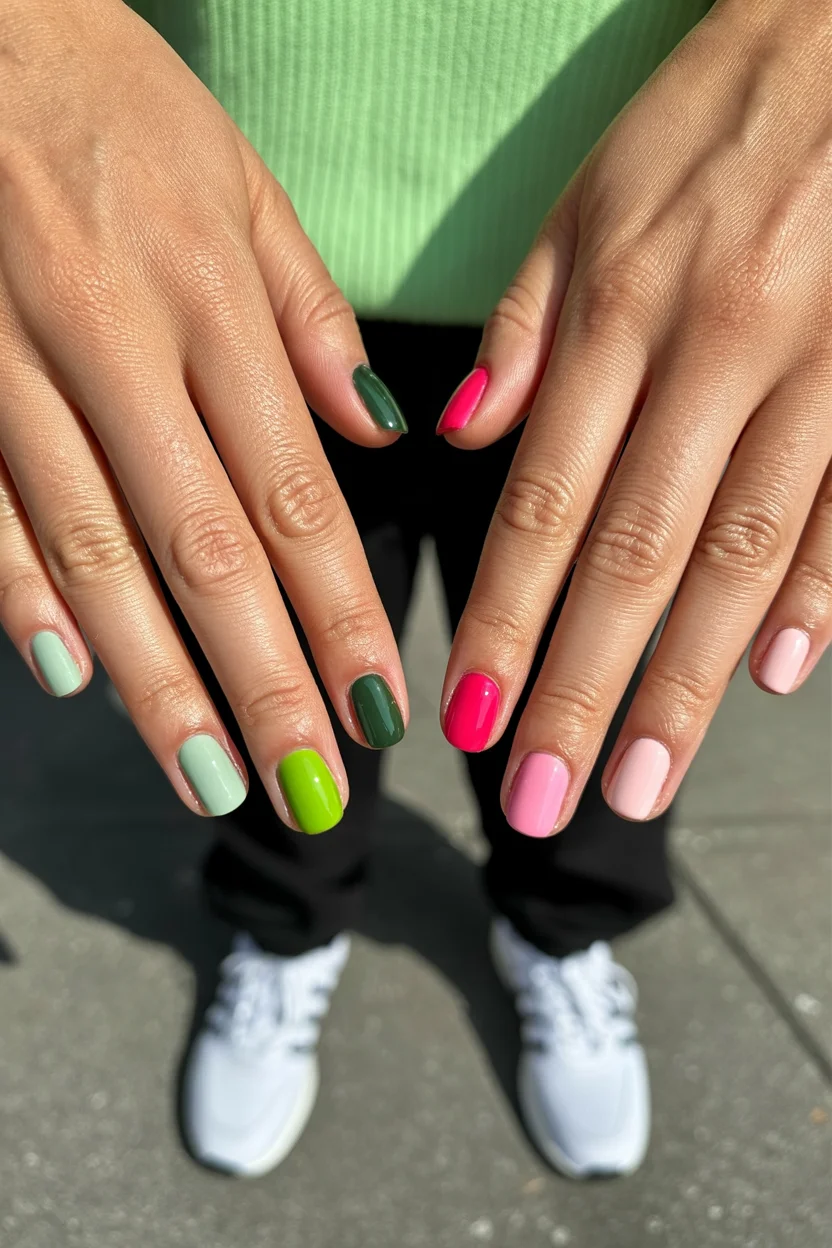 funky summer nails 2026 Playful Mismatched Brights for Everyday Summer Style