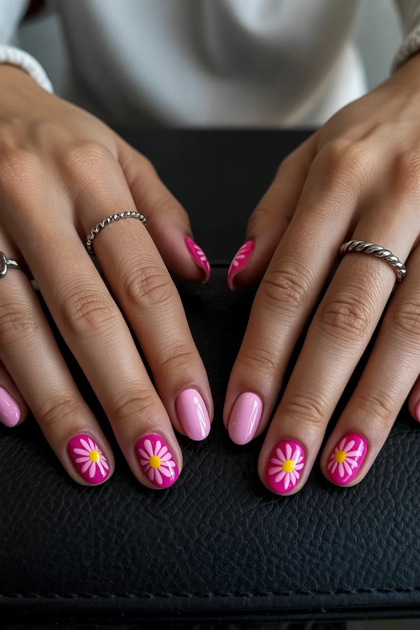funky summer nails 2026 Pink Daisy Nails That Never Go Out of Style