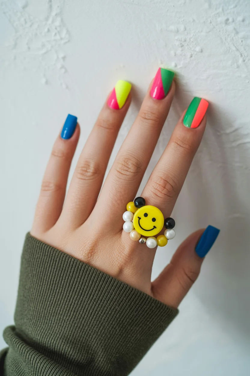 funky summer nails 2026 Neon Color-Block Nails That Refuse to Be Boring