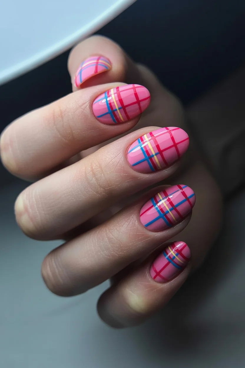 funky summer nails 2026 Bubblegum Plaid Nails With a Fashion-Girl Twist