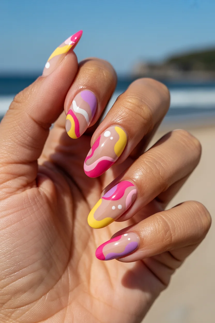 funky summer nails 2026 Pastel Abstract Waves Inspired by Summer Sunsets