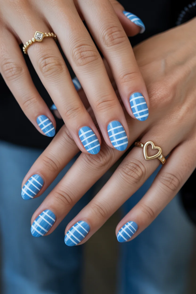 funky summer nails 2026 Sky Blue Grid Nails That Feel Fresh and Modern