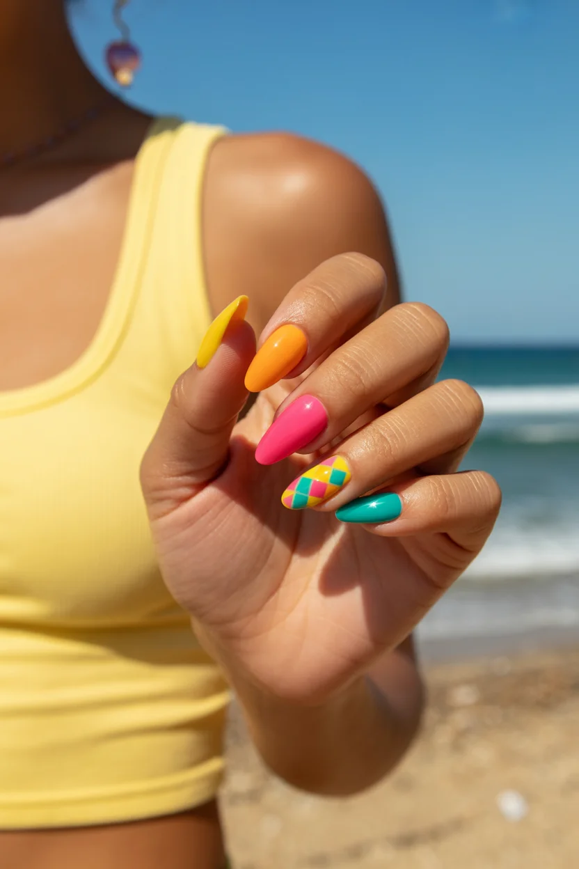 funky summer nails 2026 Retro Harlequin Accent Nails in Bright Beach Colors