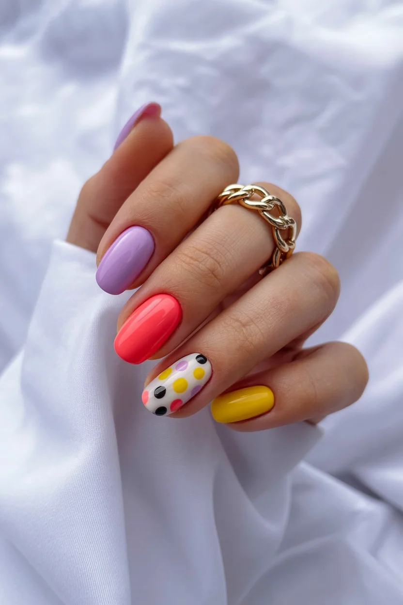 funky summer nails 2026 Bright Polka Dot Accent Nails With Modern Color Blocking