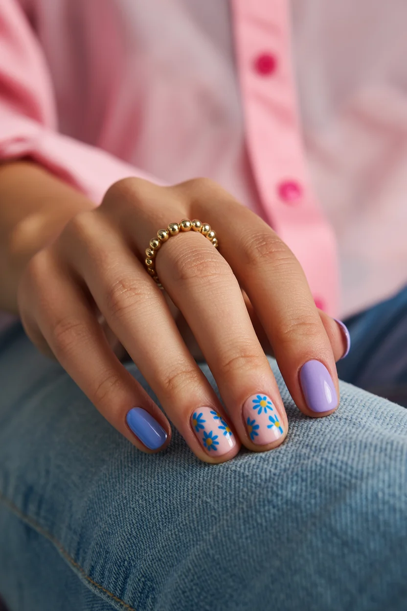light summer nails 2026 Blue Daisy Accents for a Fresh Summer Mood