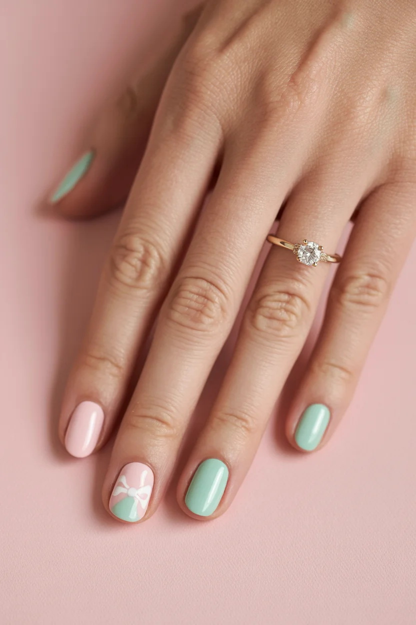 light summer nails 2026 Sweet Mint and Pink Nails with a Ribbon Accent