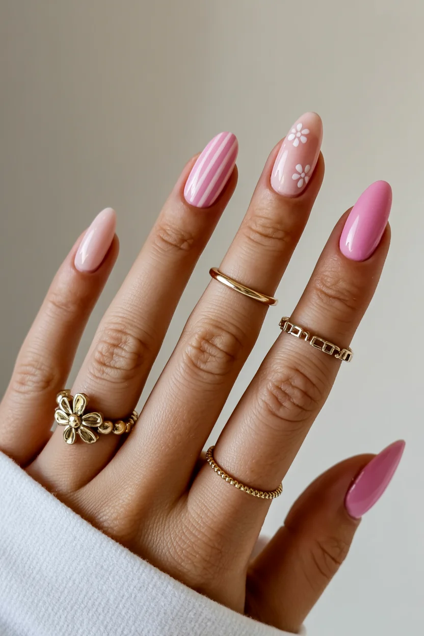 light summer nails 2026 Pink Cottagecore Nails with Floral Details