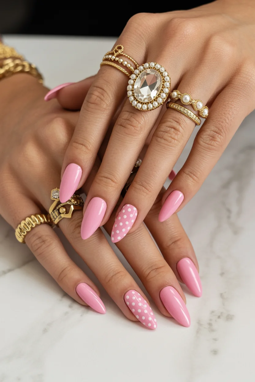 light summer nails 2026 Polka Dot Pink Nails with Vintage Charm