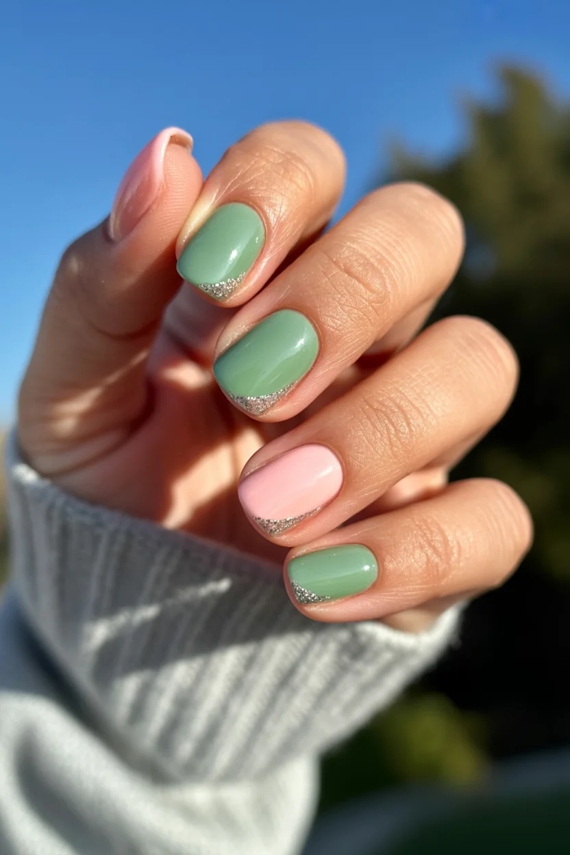 light summer nails 2026 Sage Green Nails with Sparkling Crescent Accents