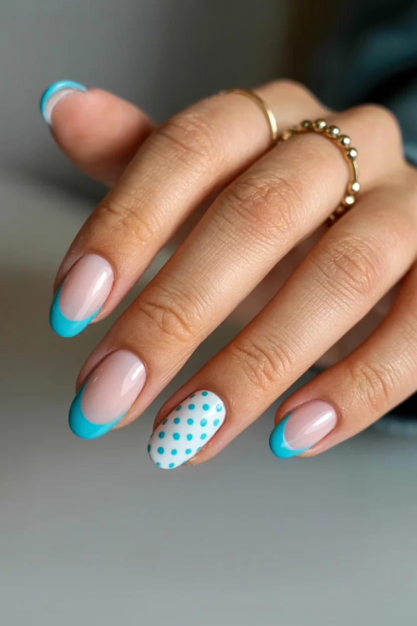 light summer nails 2026 Turquoise French Tips with Playful Polka Dots