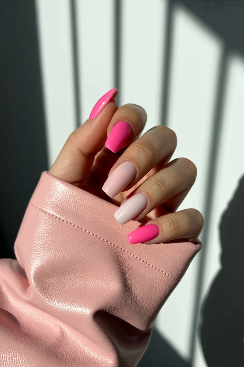 light summer nails 2026 Pink Color-Block Nails That Bring Instant Energy