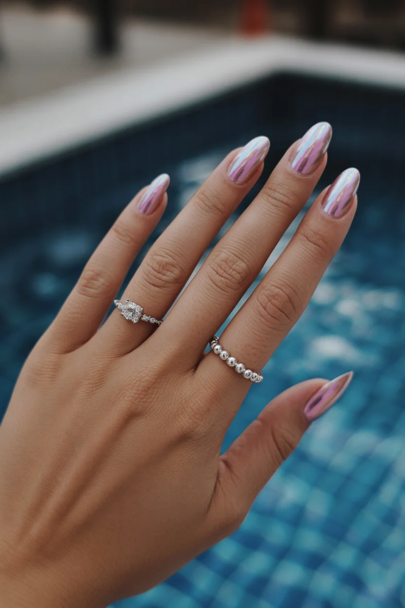 light summer nails 2026 Pearl Chrome Finishes for Sunset Evenings