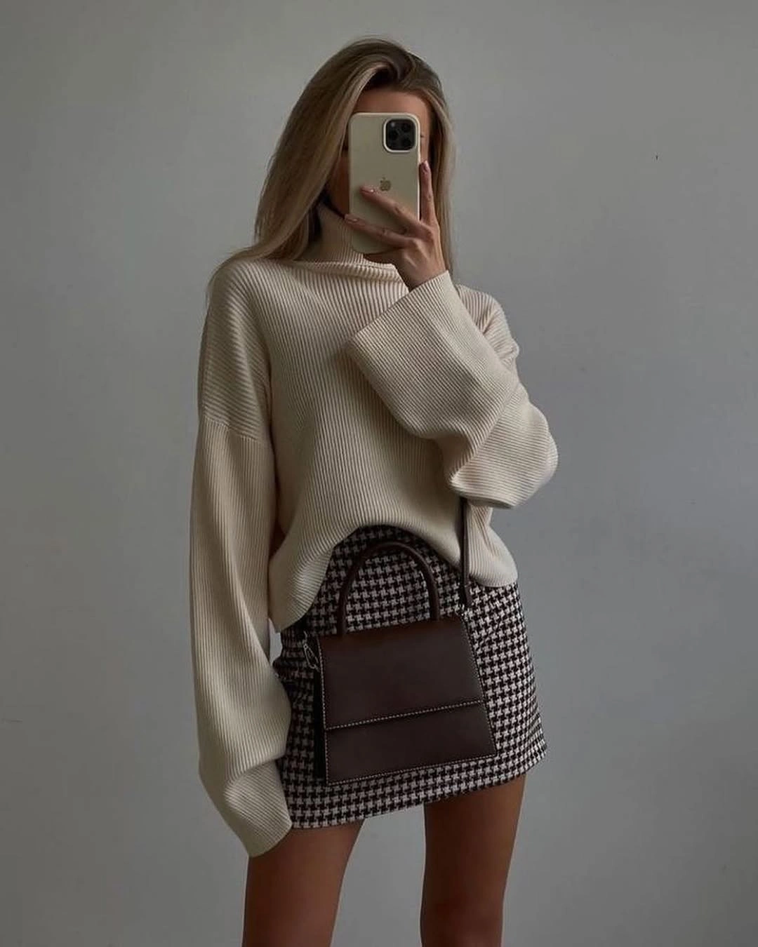 nice fall outfits 2026 Oversized Knit with a Chic Houndstooth Mini