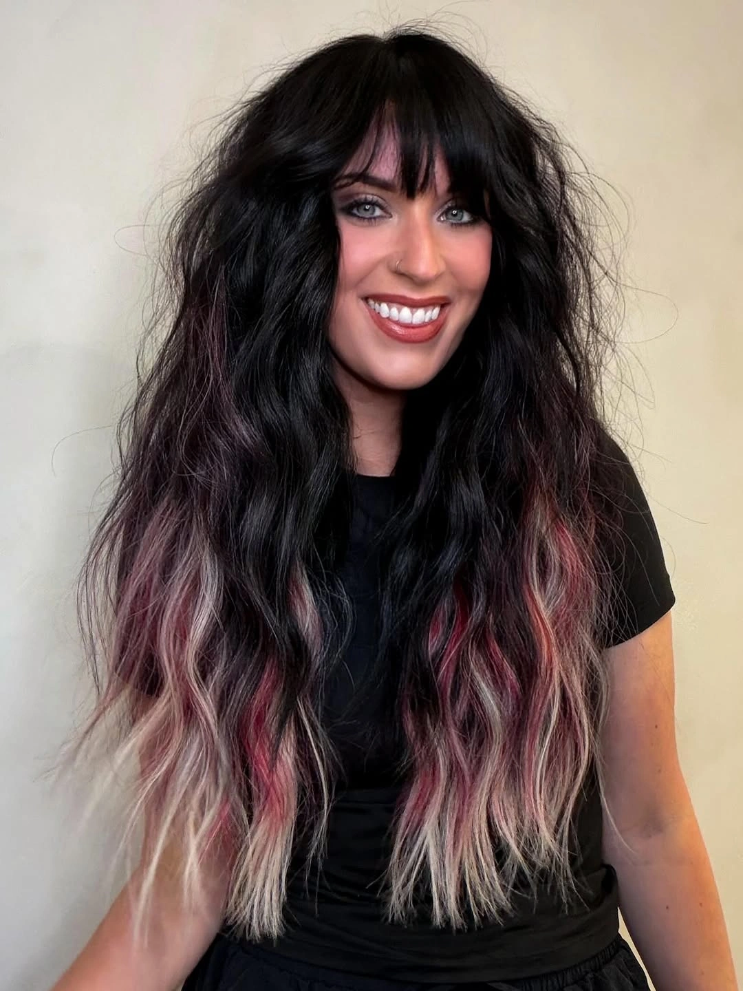 august hairstyles and color ideas 2026 Dark Romantic Waves With Rosy Ombre Ends
