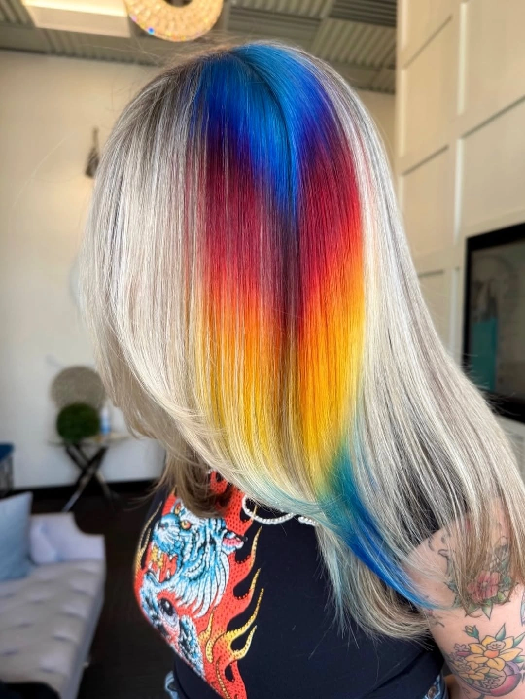 august hairstyles and color ideas 2026 Hidden Rainbow Prism Panels On Platinum Blonde Hair
