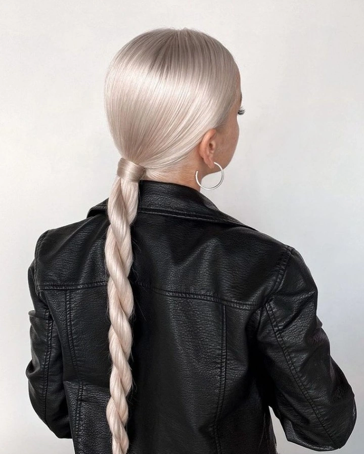 august hairstyles and color ideas 2026 Platinum Low Ponytail With a Sculptural Twist Braid