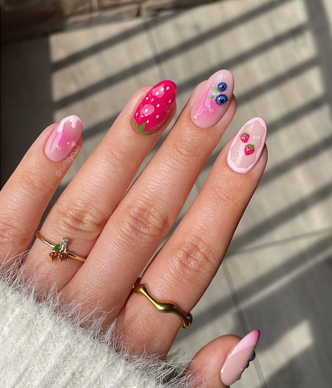 august nails color 2026 Sweet Berry-Inspired Nails with Playful Pink Details