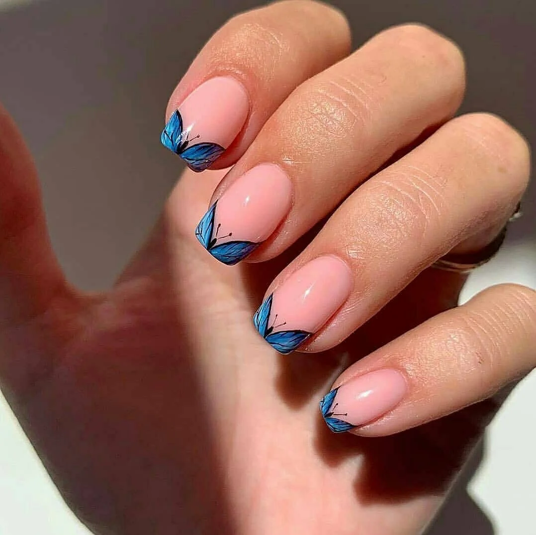 august nails color 2026 Elegant Blue Butterfly French Manicure