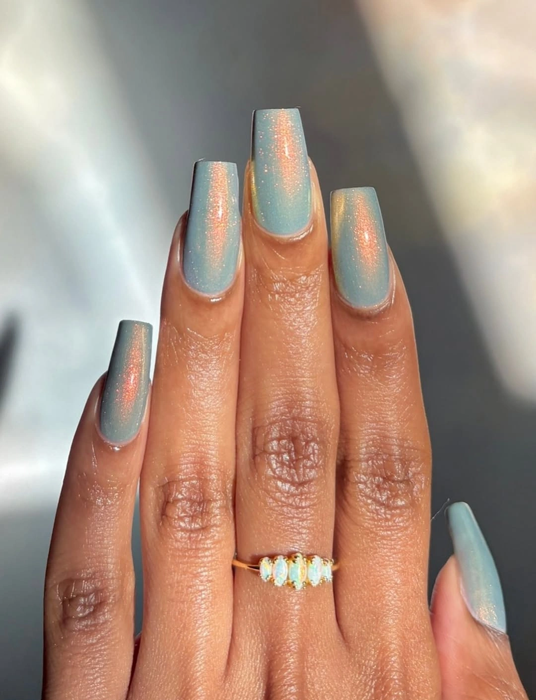 august nails color 2026 Dreamy Blue Pearl Chrome for Late Summer Evenings