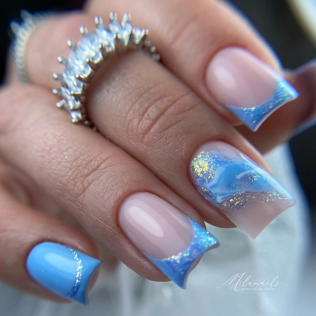 august nails color 2026 Ocean Blue French Tips with Soft Mermaid Shimmer