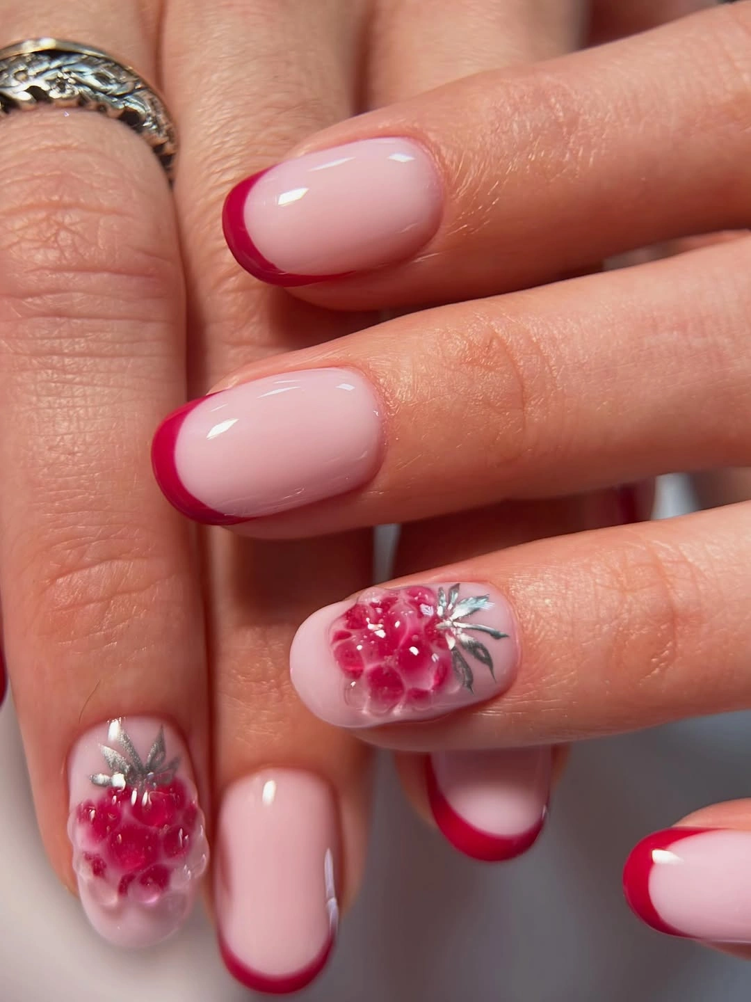 august nails ideas 2026 Berry French Tips With Sculpted Raspberry Details