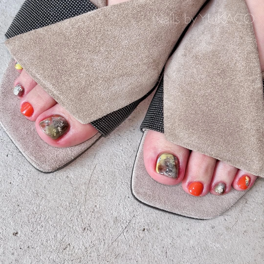 august pedicure nails ideas 2026 Molten Metallic Meets Bright Citrus Energy